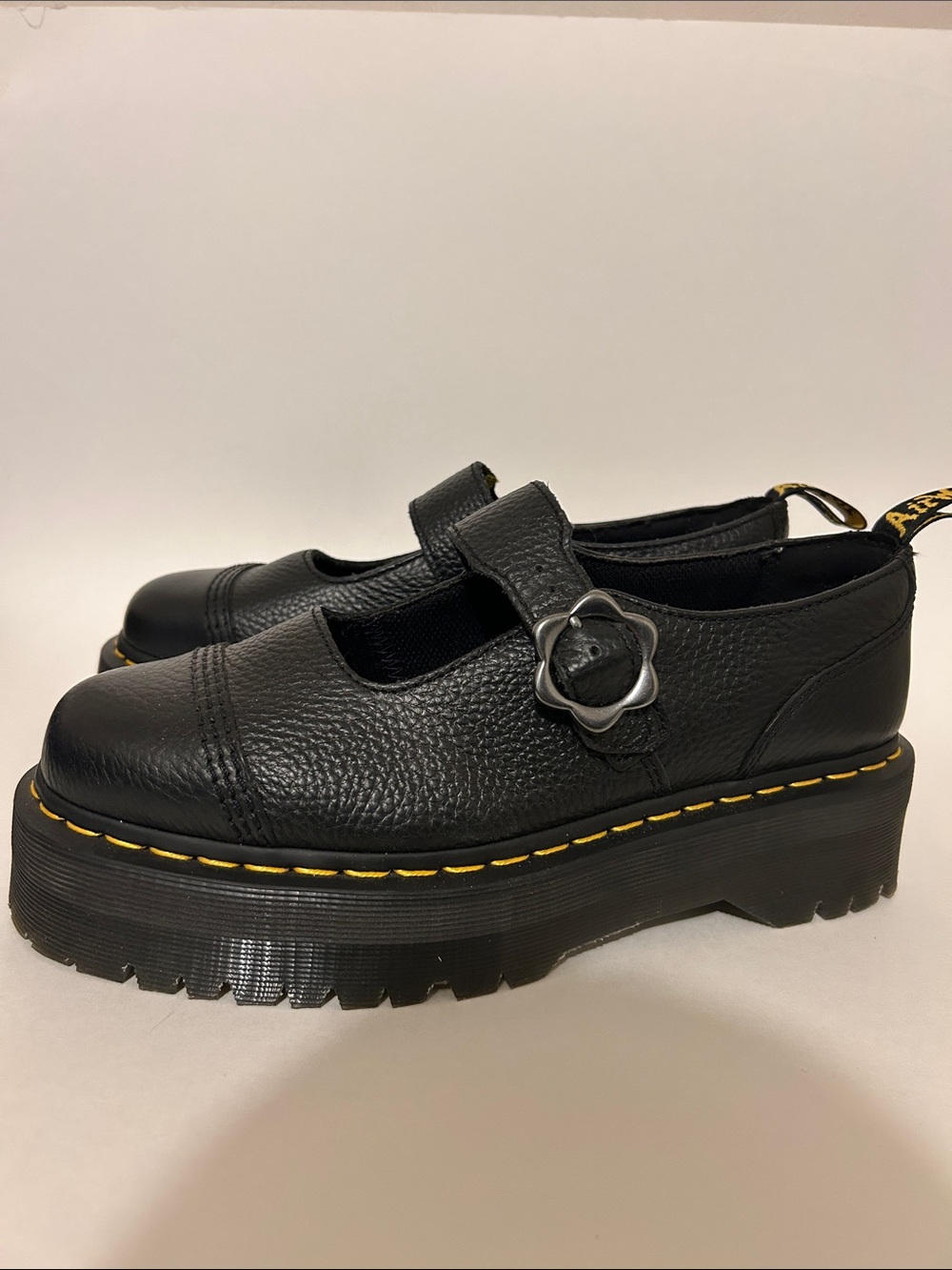 Dr. Martens Addina Black Platform Mary Jane with Flower Buckle